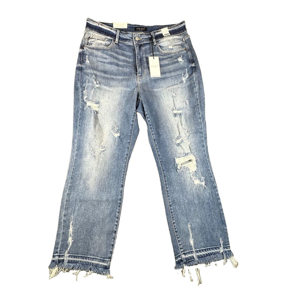 Judy Blue Straight Fit High Waist Medium Wash Distressed Ankle Jeans 16W Boho